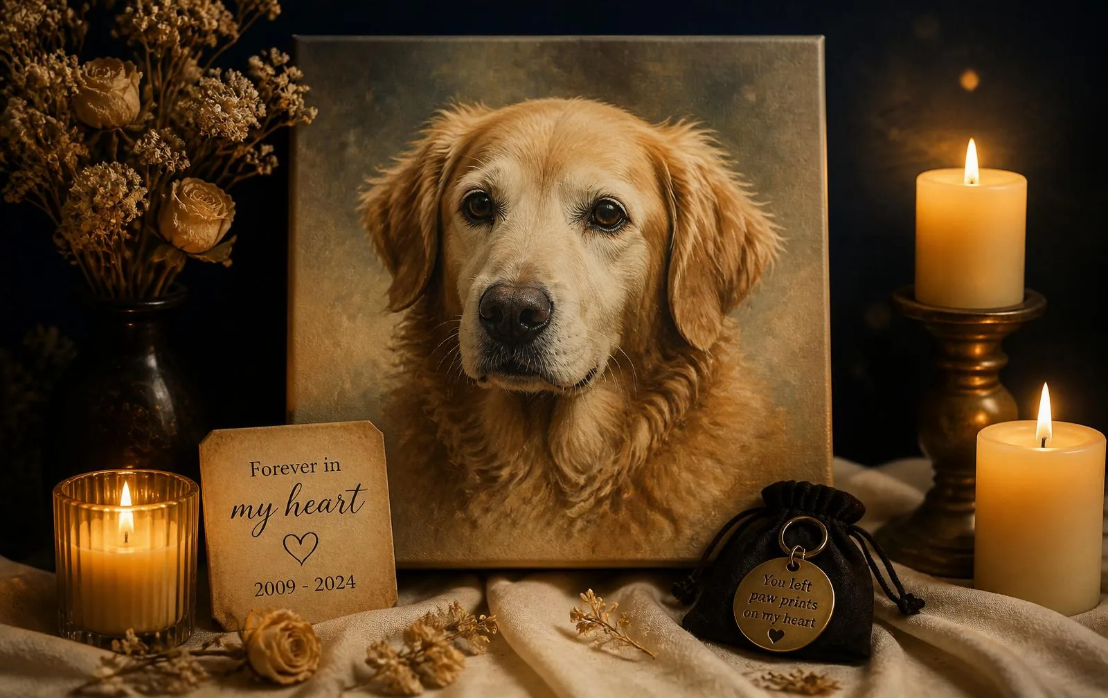 Memorial pet portrait with candles and dried flowers
