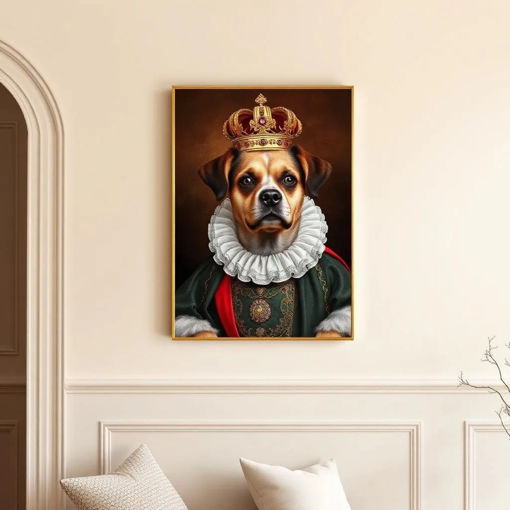 Framed royal pet portrait canvas on a cream wall