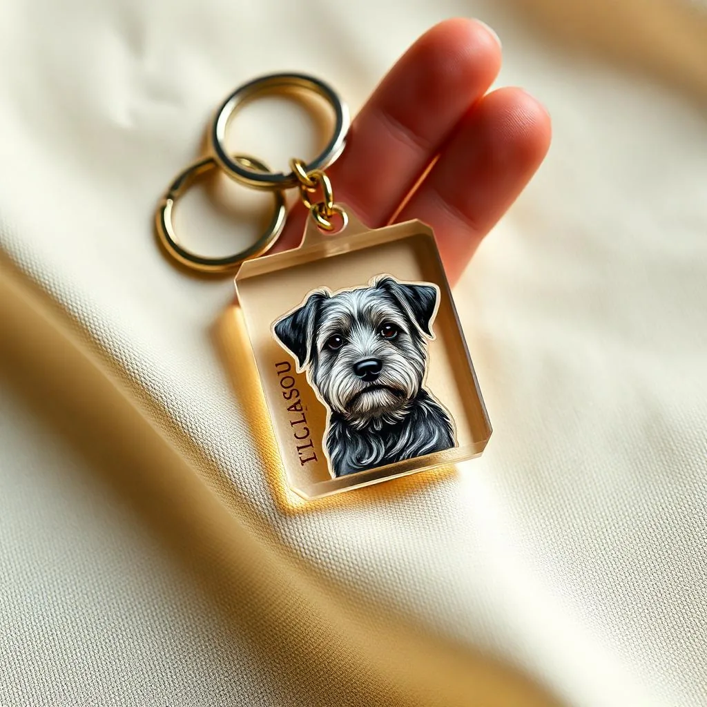 Acrylic pet portrait keychain with gold ring