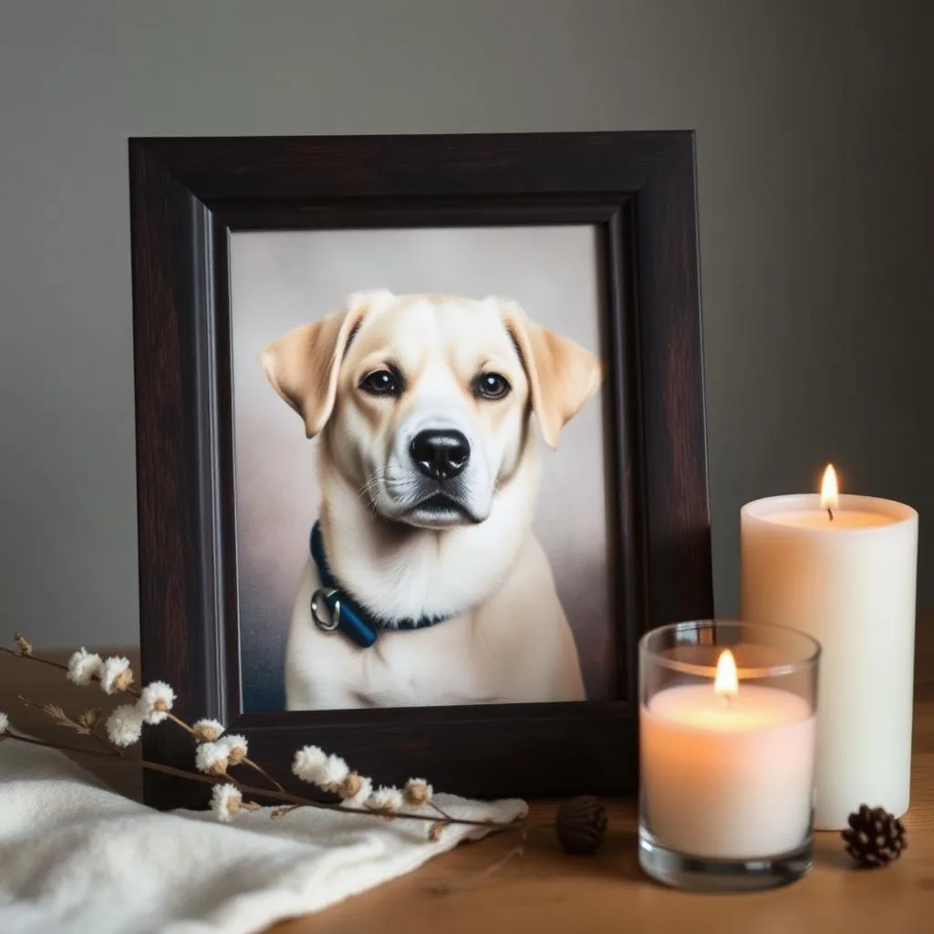 Memorial pet portrait framed beside candles