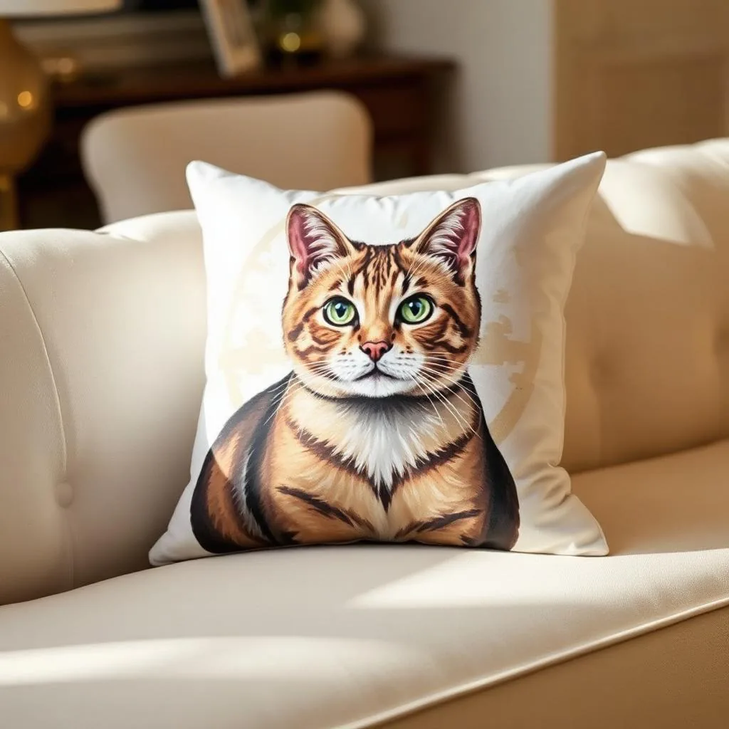 Throw pillow printed with a painted cat portrait